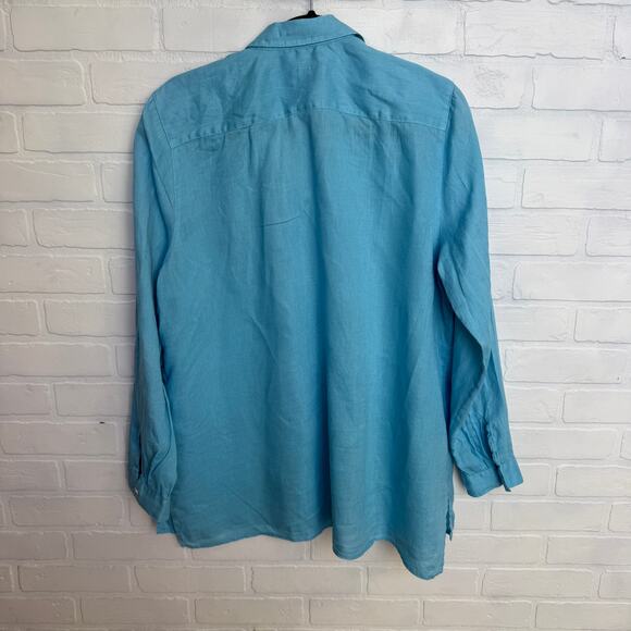 J.Jill Love Linen Essential Shirt Turquoise Blue Long Sleeve Button Down sz L - Picture 2 of 6